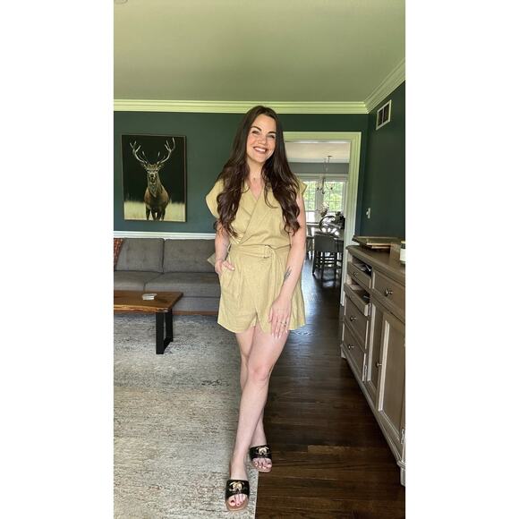 TOCCIN X RTR Khaki Brown Linen Blend Belted Utility Sarong Romper Size 10 - Picture 14 of 16